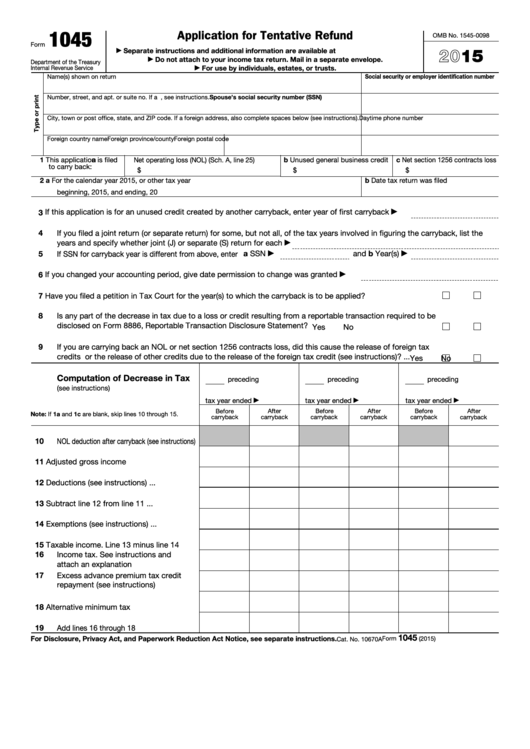 Fillable Form 1045 - Application For Tentative Refund - 2015 Printable pdf