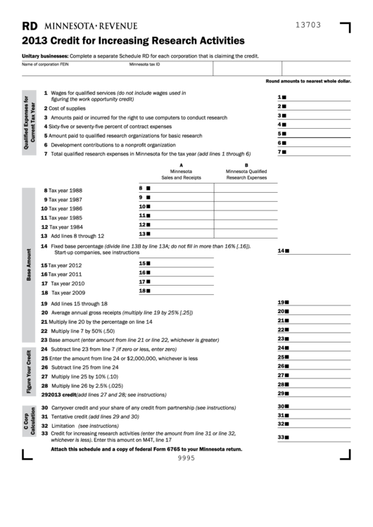 Fillable Form Rd - Credit For Increasing Research Activities - 2013 Printable pdf