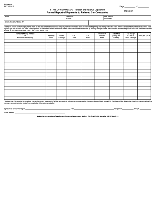 Form Rpd-41191 - Annual Report Of Payments To Railroad Car Companies Printable pdf