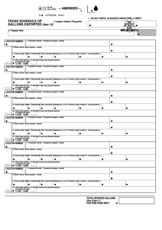 Fillable Form 06-183 - Amended Schedule Of Gallons Exported Printable pdf