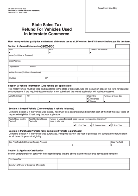 Form Dr 0202 - State Sales Tax Refund For Vehicles Used In Interstate Commerce Printable pdf