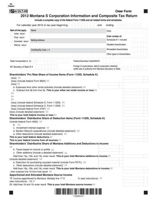 Fillable Form Clt-4s - Montana S Corporation Information And Composite Tax Return - 2012 Printable pdf