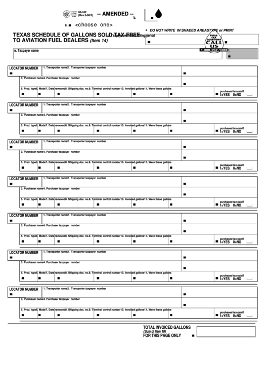 Fillable Form 06-182 - Amended Schedule Of Gallons Sold Tax-Free To Aviation Fuel Dealers Printable pdf