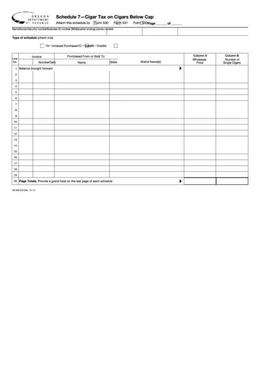 Fillable Schedule 7 - Cigar Tax On Cigars Below Cap Printable pdf