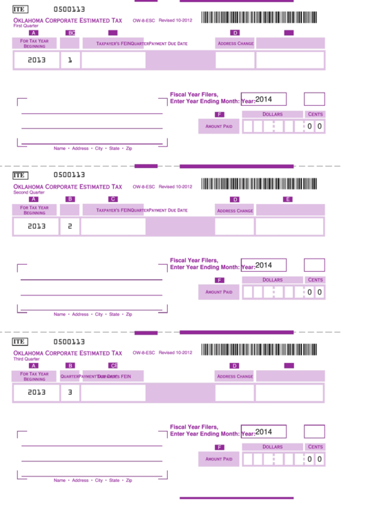 Fillable Form Ow8Esc Oklahoma Corporate Estimated Tax printable pdf