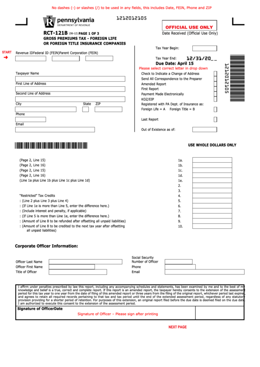 Fillable Form Rct-121b - Gross Premiums Tax - Foreign Life Or Foreign Title Insurance Companies Printable pdf