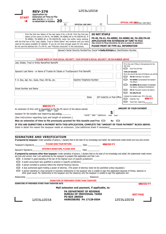 Fillable Form Rev-276 - Application For Extension Of Time To File Printable pdf