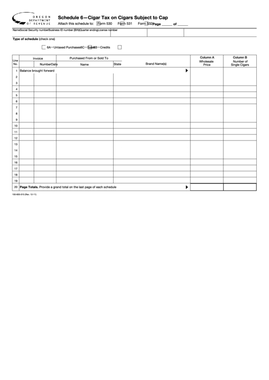 Fillable Schedule 6 - Cigar Tax On Cigars Subject To Cap Printable pdf