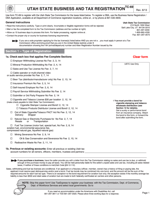 Fillable Form Tc-69 - Utah State Business And Tax Registration - 2013 Printable pdf