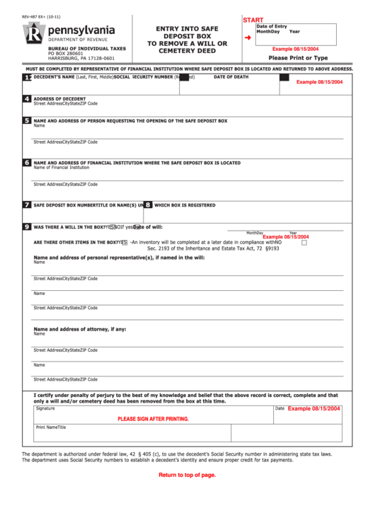 Fillable Form Rev-487 Ex - Entry Into Safe Deposit Box To Remove A Will Or Cemetery Deed Printable pdf