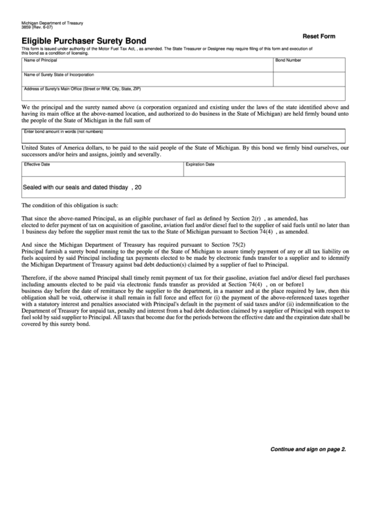 Fillable Form 3859 - Eligible Purchaser Surety Bond Printable pdf