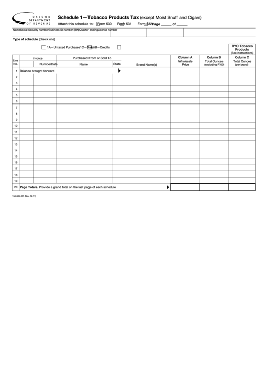 Fillable Schedule 1 - Tobacco Products Tax (Except Moist Snuff And Cigars) Printable pdf