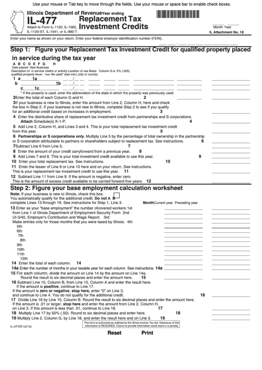 Fillable Form Il-477 - Replacement Tax Investment Credits Printable pdf