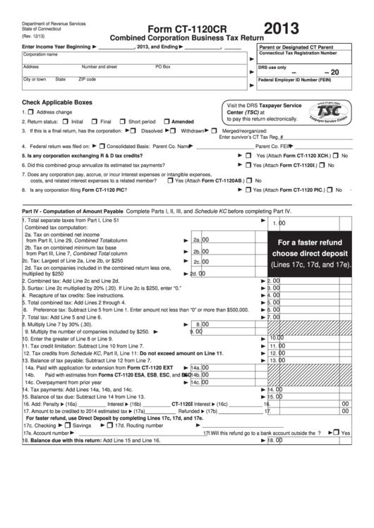 Form Ct-1120cr - Combined Corporation Business Tax Return - 2013 Printable pdf