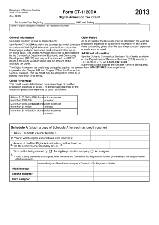 Form Ct-1120da - Digital Animation Tax Credit - 2013 Printable pdf