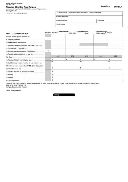 Fillable Form 3791 - Blender Monthly Tax Return Printable pdf