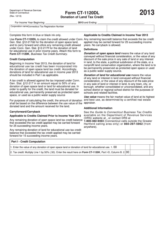Form Ct-1120dl - Donation Of Land Tax Credit - 2013 Printable pdf