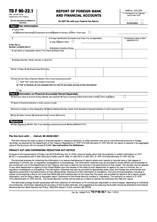 Fillable Form Td F 90-22.1 - Report Of Foreign Bank And Financial Accounts Printable pdf
