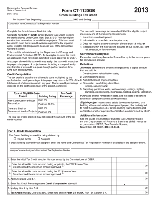 Form Ct-1120gb - Green Buildings Tax Credit - 2013 Printable pdf