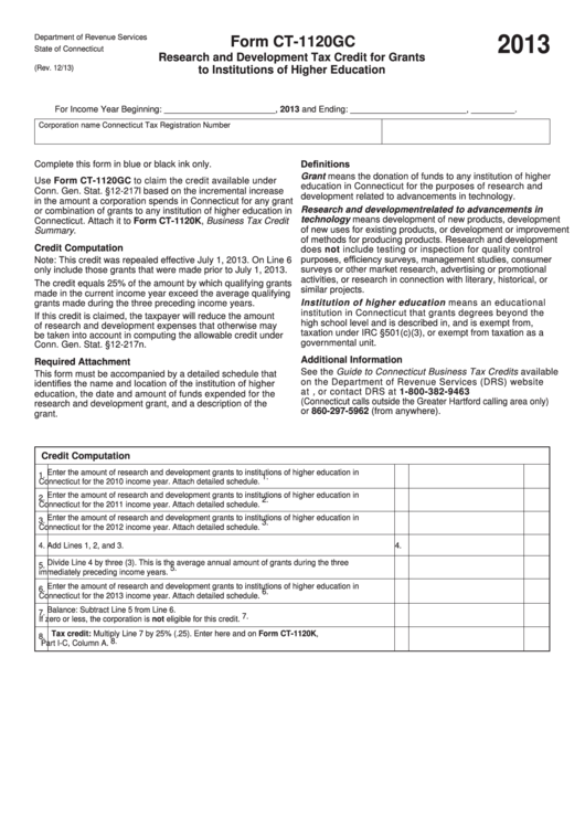 Form Ct-1120gc - Research And Development Tax Credit For Grants To Institutions Of Higher Education - 2013 Printable pdf