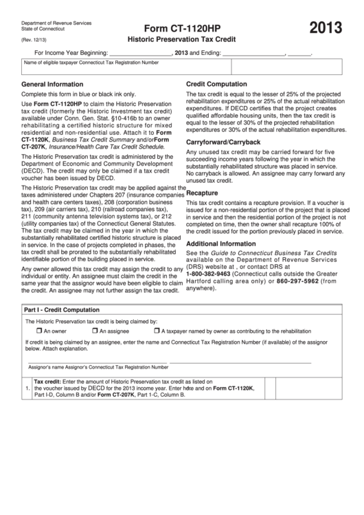 Form Ct-1120hp - Historic Preservation Tax Credit - 2013 Printable pdf