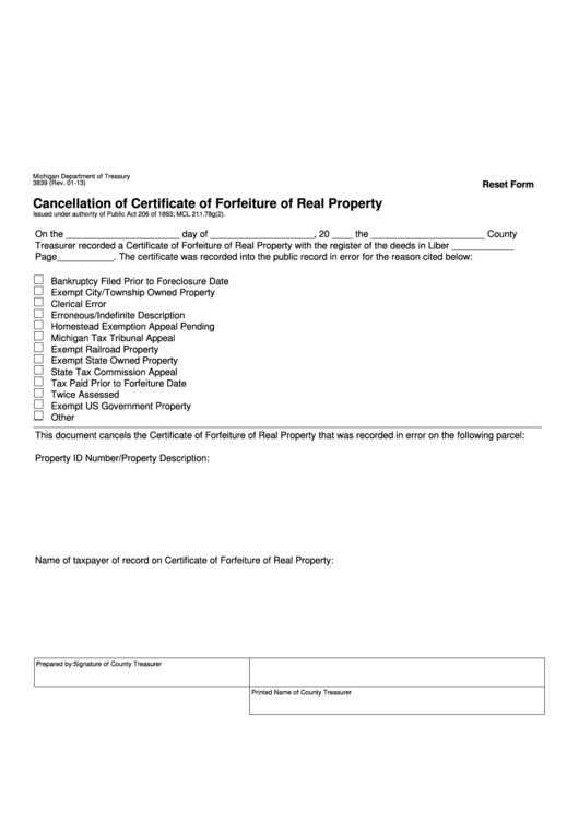 Fillable Form 3839 - Cancellation Of Certificate Of Forfeiture Of Real Property Printable pdf