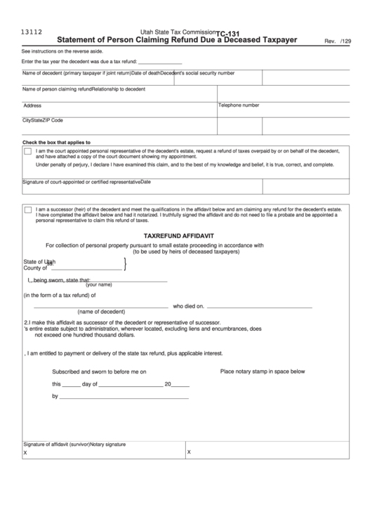 Form Tc-131 - Statement Of Person Claiming Refund Due A Deceased Taxpayer Printable pdf