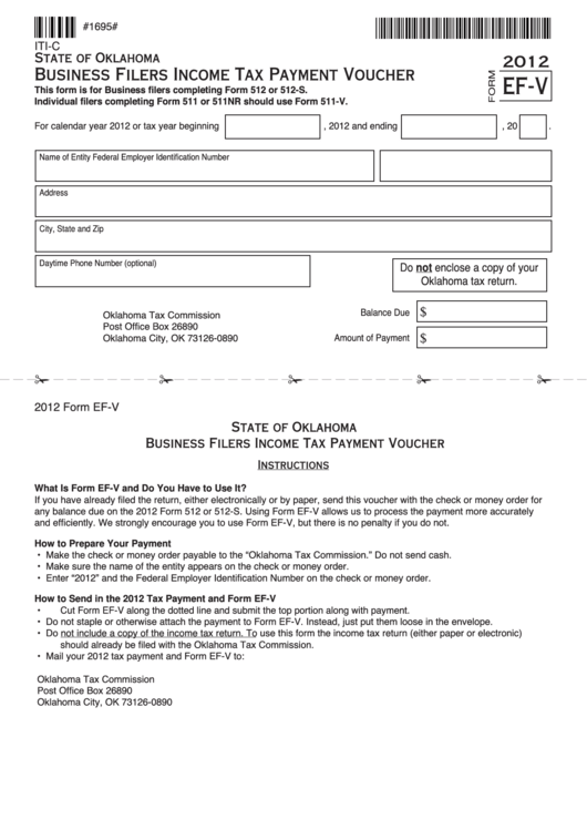 Fillable Form Ef-V - Business Filers Income Tax Payment Voucher - 2012 Printable pdf