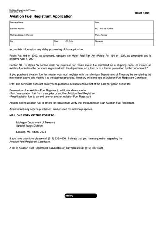 Fillable Form 3823 - Aviation Fuel Registrant Application Printable pdf