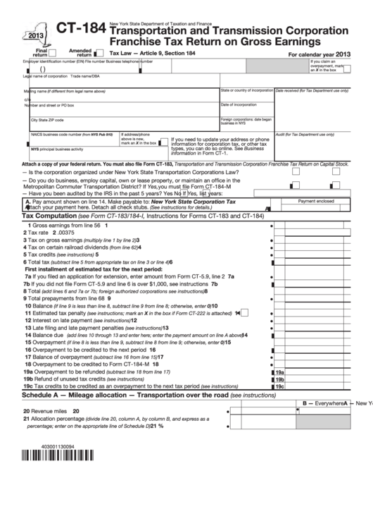 Fillable Form Ct-184 - Transportation And Transmission Corporation Franchise Tax Return On Gross Earnings - 2013 Printable pdf
