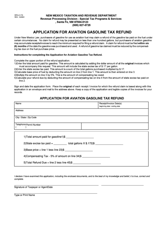 Fillable Form Rpd-41173 - Application For Aviation Gasoline Tax Refund Printable pdf