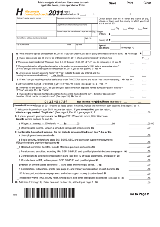 Fillable Form H - Wisconsin Homestead Credit - 2011 Printable pdf