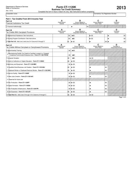 Form Ct-1120k - Business Tax Credit Summary - 2013 Printable pdf