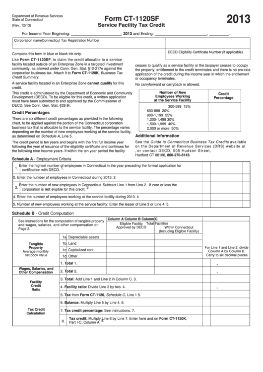 Form Ct-1120sf - Service Facility Tax Credit - 2013 Printable pdf