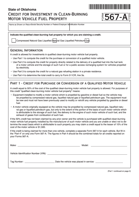 Fillable Form 567-A - Credit For Investment In Clean-Burning Motor Vehicle Fuel Property - 2012 Printable pdf