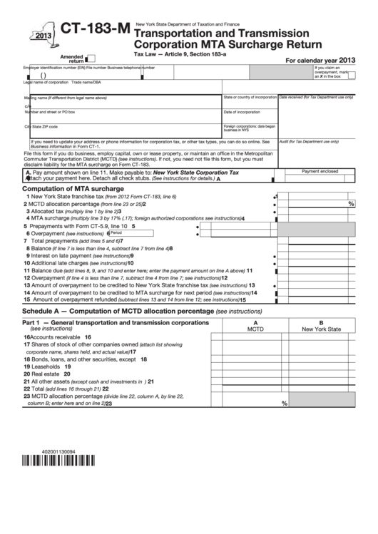 Fillable Form Ct-183-M - Transportation And Transmission Corporation Mta Surcharge Return - 2013 Printable pdf