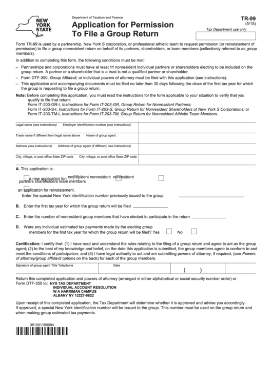 Form Tr-99 - Application For Permission To File A Group Return Printable pdf