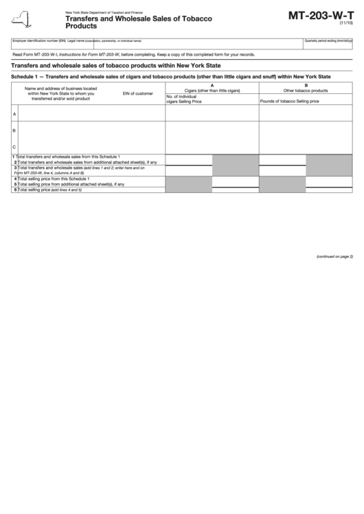Form Mt-203-W-T - Transfers And Wholesale Sales Of Tobacco Products Printable pdf