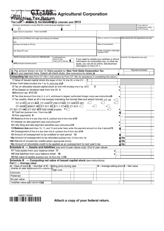 Form Ct-185 - Cooperative Agricultural Corporation Franchise Tax Return - 2013 Printable pdf