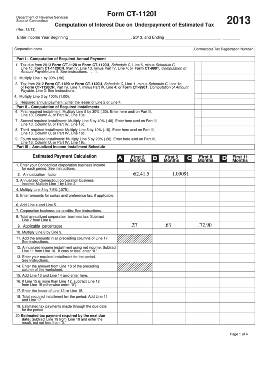 Form Ct-1120 - Computation Of Interest Due On Underpayment Of Estimated Tax - 2013 Printable pdf