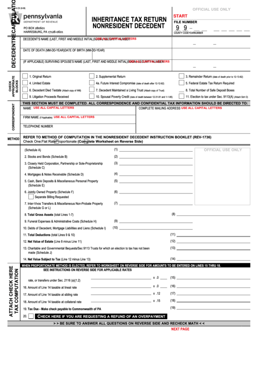 Fillable Form Rev-1737-A Ex - Inheritance Tax Return Nonresident Decedent Printable pdf