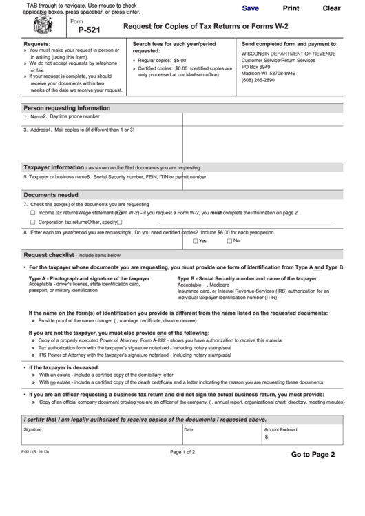 Fillable Form P-521 - Request For Copies Of Tax Returns Or Forms W-2 Printable pdf