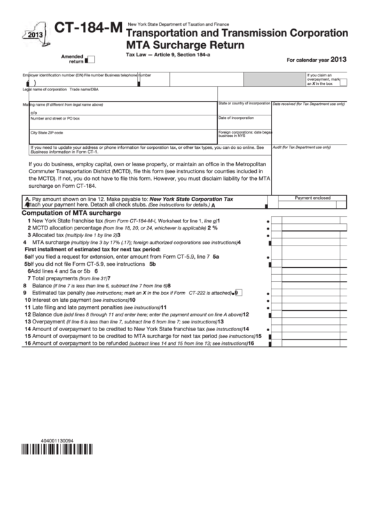 Fillable Form Ct-184-M - Transportation And Transmission Corporation Mta Surcharge Return - 2013 Printable pdf