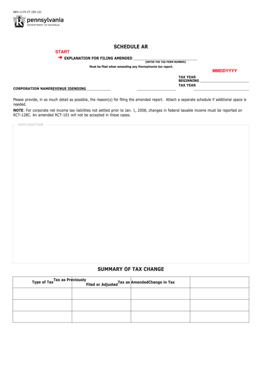 Fillable Form Rev-1175 Ct - Schedule Ar - Explanation For Filing Amended Printable pdf