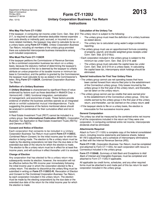 Form Ct-1120u - Unitary Corporation Business Tax Return Instructions - 2013 Printable pdf