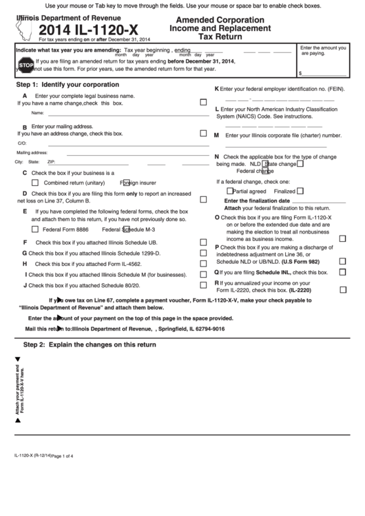 Fillable Form Il-1120-X - Amended Corporation Income And Replacement Tax Return - 2014 Printable pdf