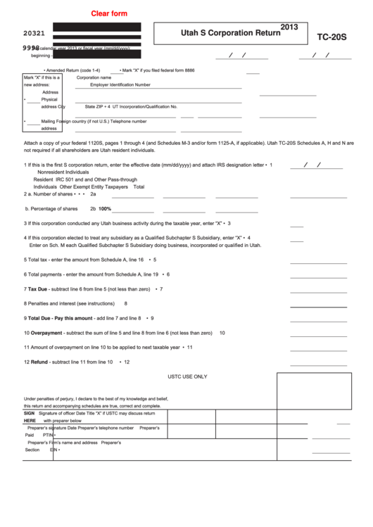 Fillable Form Tc-20s - Utah S Corporation Return - 2013 Printable pdf