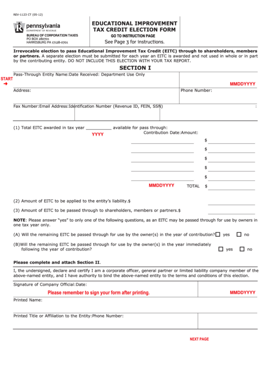 Fillable Form Rev-1123 Ct - Educational Improvement Tax Credit Election Form Printable pdf