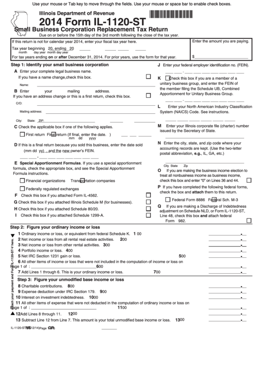 Fillable Form Il-1120-St - Small Business Corporation Replacement Tax Return - 2014 Printable pdf