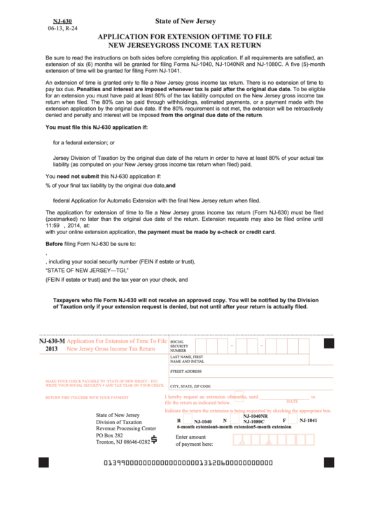 Fillable Form Nj-630 - Application For Extension Of Time To File New Jersey Gross Income Tax Return Printable pdf